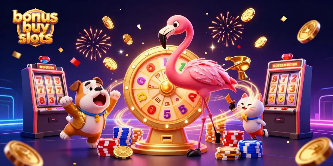 Experience thrilling action with bonus buy slots featuring a flamingo host, bulldog contestant, and vibrant casino elements.