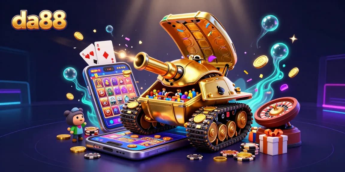 Experience thrilling da88 casino adventures with a massive golden beetle tank and vibrant gaming elements.