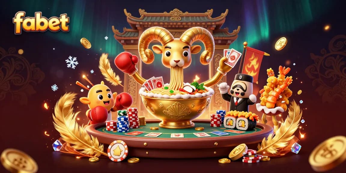 Play exciting poker with fabet's giant ramen bowl dealer amidst vibrant casino elements.