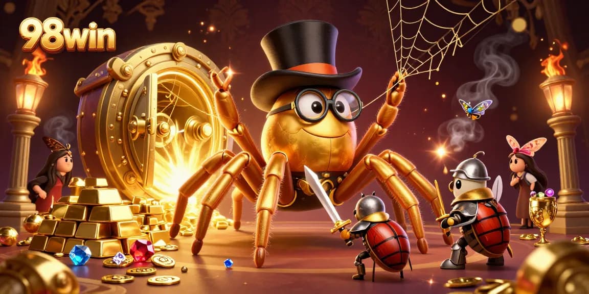 Engage in the thrilling casino world of 98win, featuring game elements and a captivating 3D scene.
