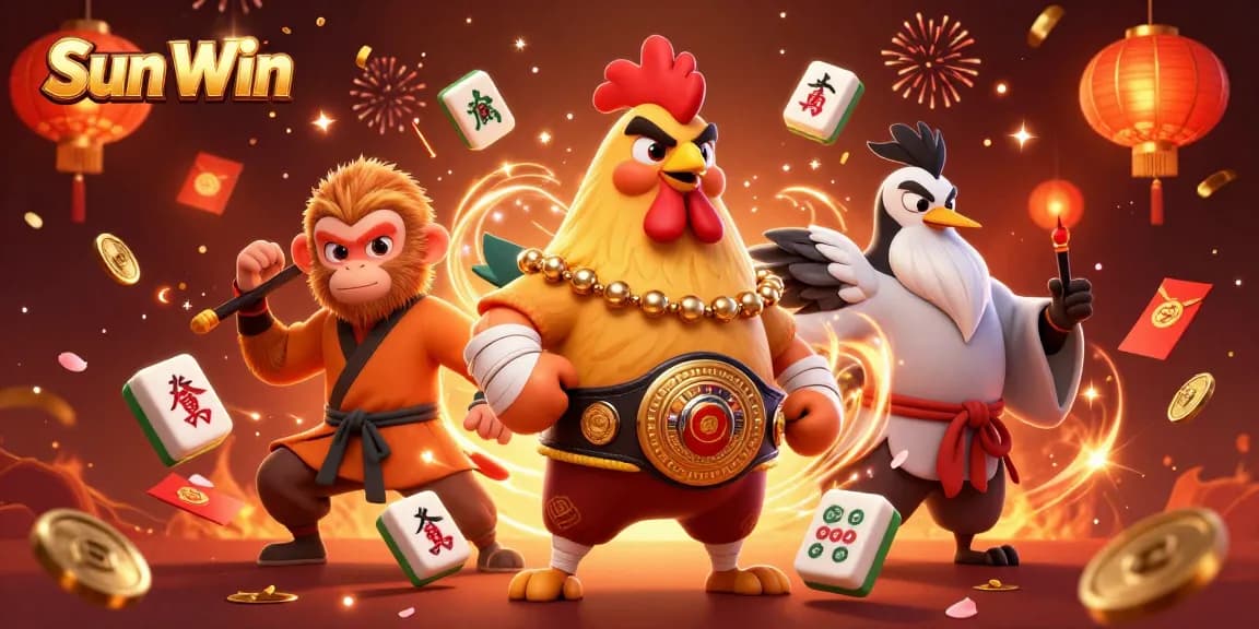 Immerse in Sun Win's vibrant gaming world with dynamic casino characters in a festive 3D scene.