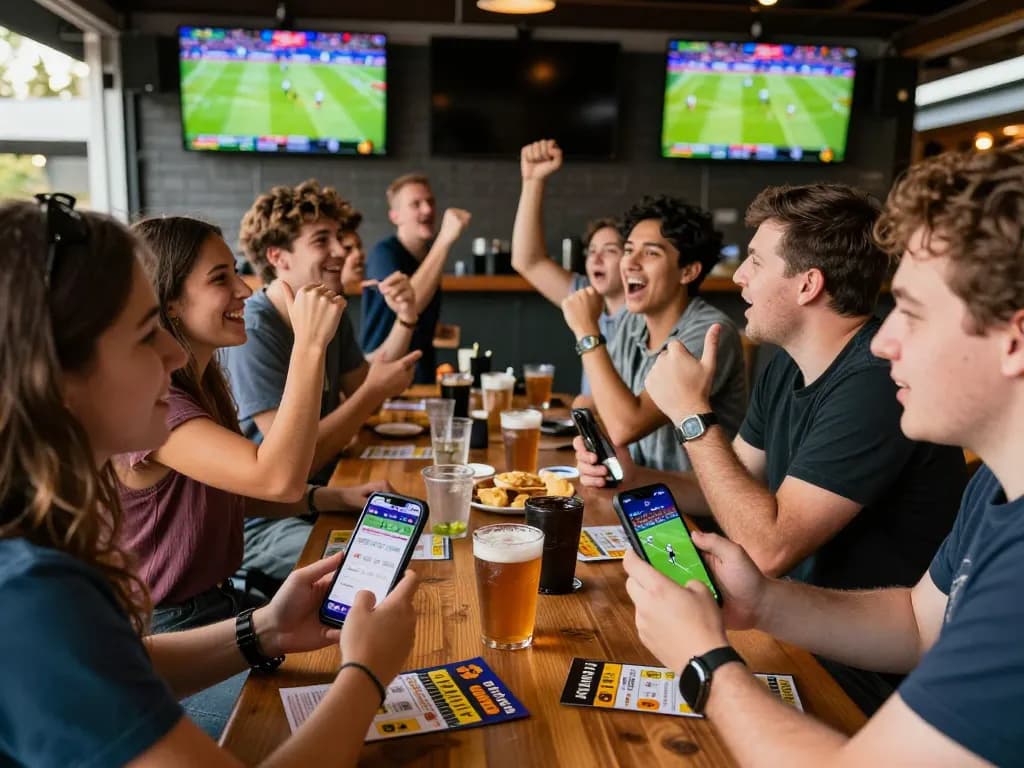 Fans celebrating while using the 79win app to place bets at a bustling sports bar