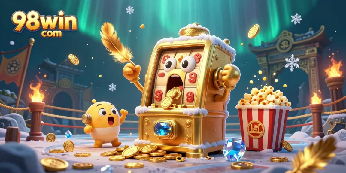 Experience the thrill of winning with 98win com as a golden slot machine hits the jackpot amidst festive casino elements and celebrations.