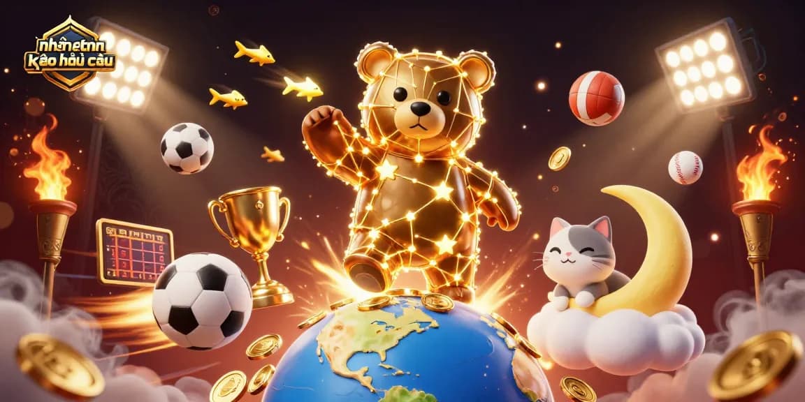 Engage in nhận định kèo nhà cái with a vibrant illustration of a constellation bear scooping coins amidst dynamic sports elements.