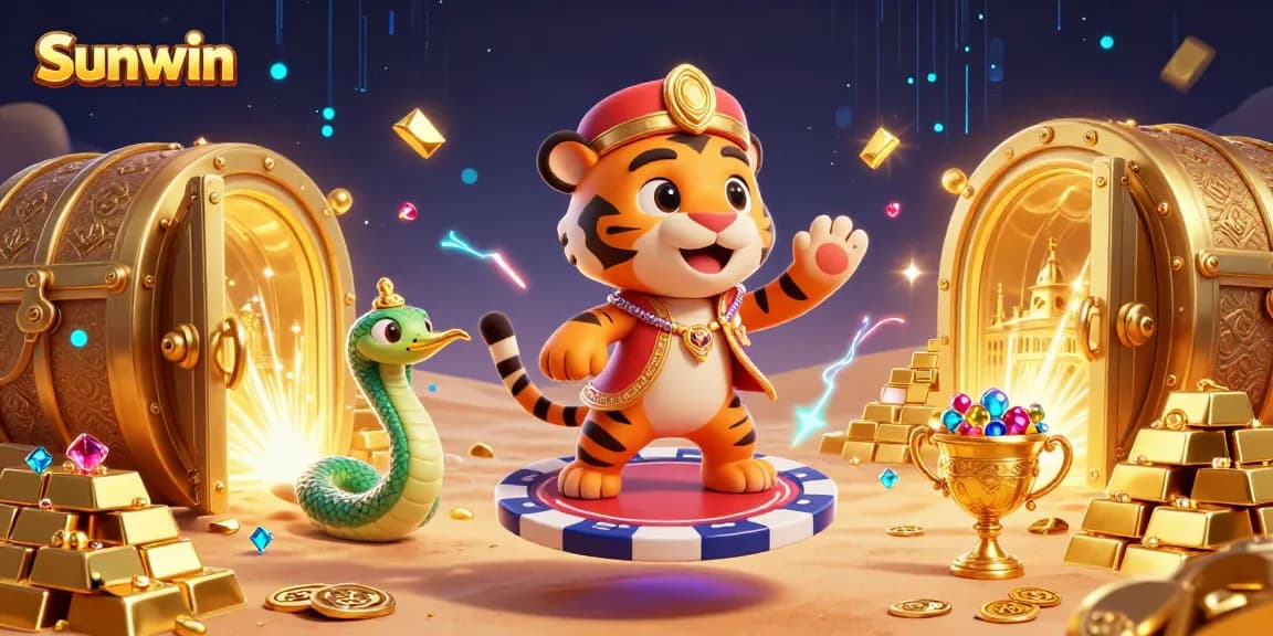 Join the excitement at Sunwin, visualizing a vibrant casino experience with treasures, games, and vibrant energies.