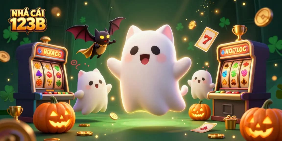 Engage with the exciting NHÀ CÁI 123B gaming experience featuring a ghost cat in a vibrant casino.