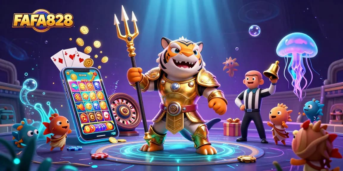 Experience the thrill of FAFA828 with an immersive underwater casino scene featuring a golden gladiator shark.