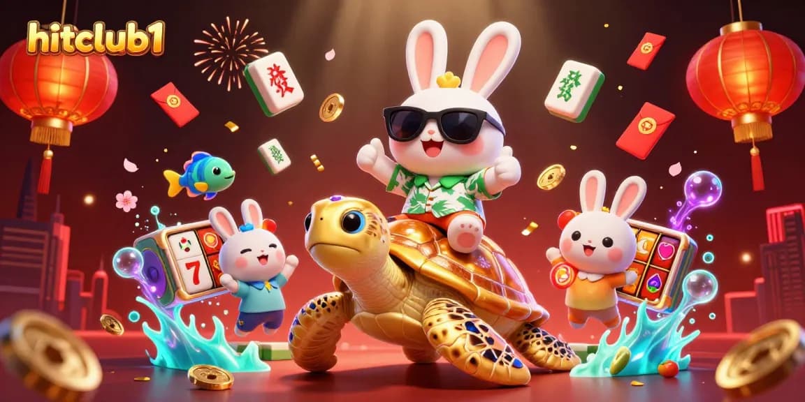 Experience excitement at hitclub1 with a lively illustration of a lucky rabbit and sea turtle amidst casino elements.