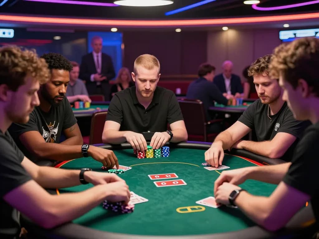 Engaging poker table scene showcasing players strategizing under the latest Luật chơi Poker mới nhất rules.