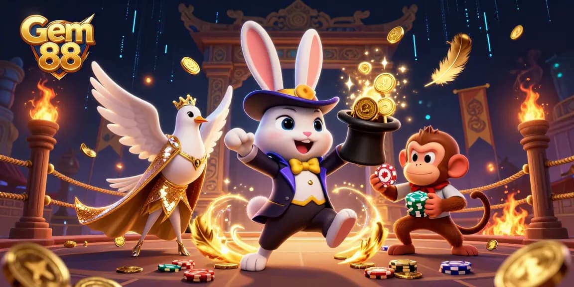 Experience the excitement of Gem 88 with a whimsical 3D casino scene featuring magic, gold coins, and poker chips.