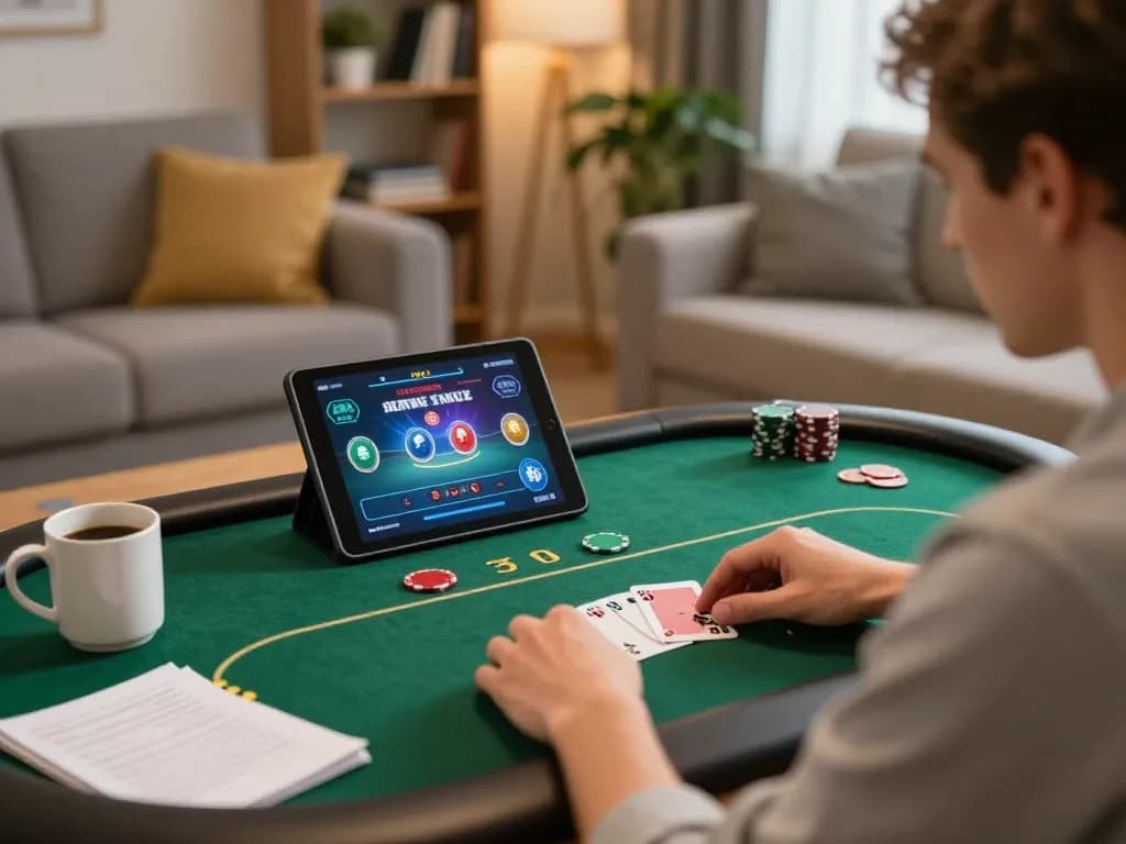 Player engaging in strategic gameplay on lucks8 using a tablet in cozy home setting.