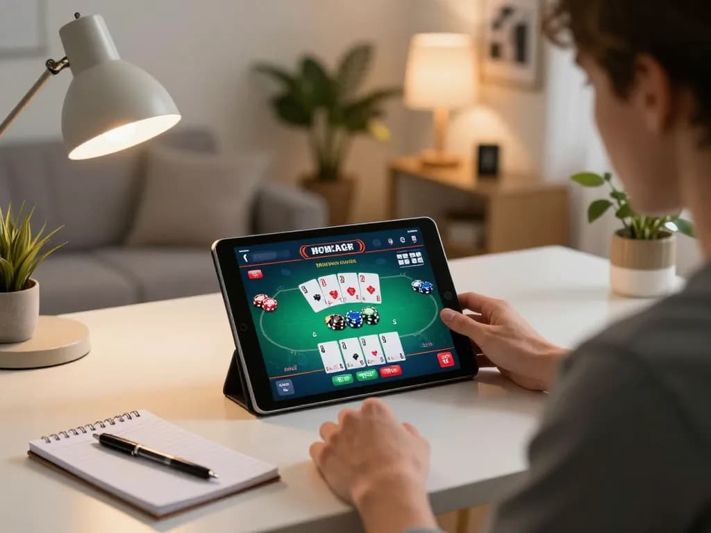 Engaging online poker session with a player strategizing bets on soibet platform in a cozy home environment.