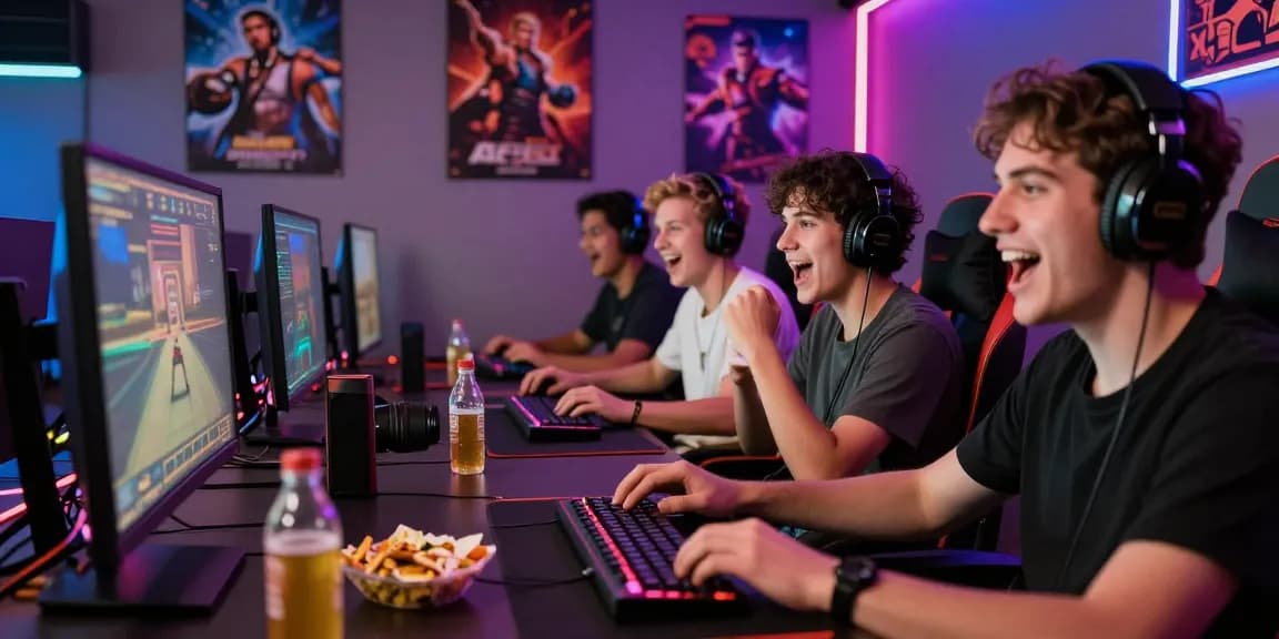 Group enjoying gaming session at https://gravatar.com/playbook88official with colorful LED lights and gaming peripherals
