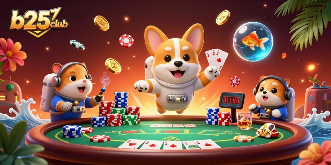 Join the excitement at b25club with a floating astronaut corgi in a vibrant casino scene.