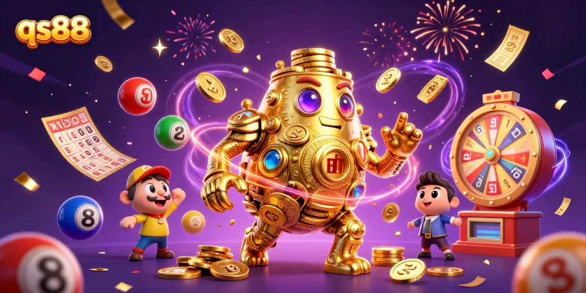 Experience the excitement of qs88 with a golden golem, spinning prizes, and colorful lottery elements!