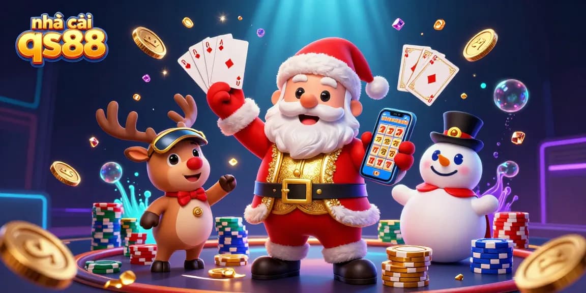 Engage with nhà cái qs88 for exciting jackpot slots in a vibrant 3D casino scene featuring Santa Claus and friends.
