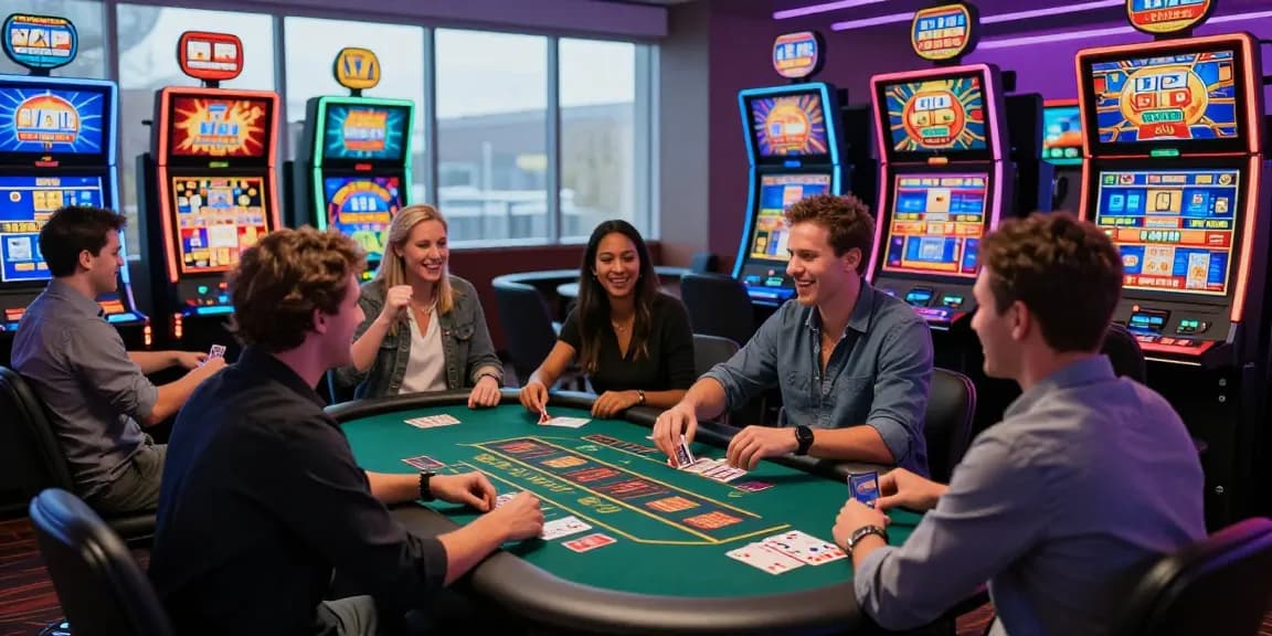 Exciting scene at credit card casinos at cocomaya.co.uk showcasing diverse players engaging in online table games and slots.