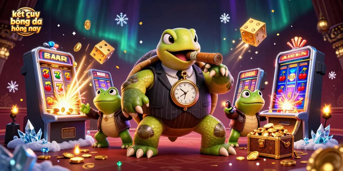 Engage with the vibrant scene of kết quả bóng đá hôm nay featuring a cartoon turtle and bullfrog characters in a dynamic casino landscape.