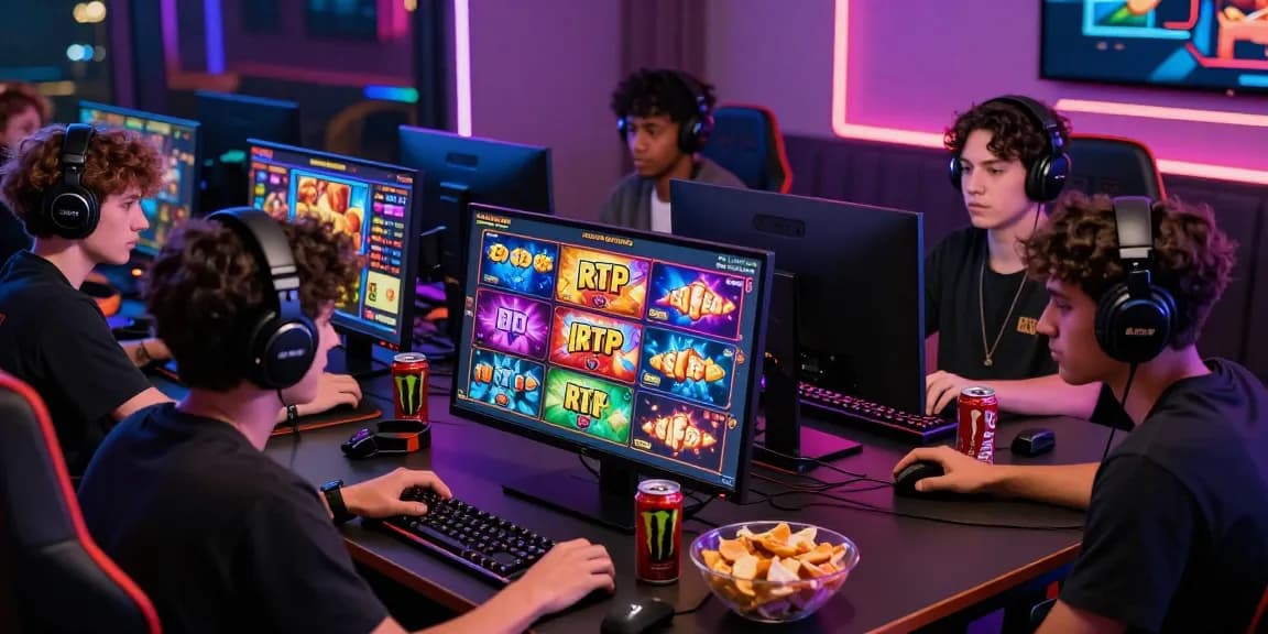 Players enjoying Slot Pragmatic games in a lively online gaming setup, showcasing vibrant graphics and engaging atmosphere.