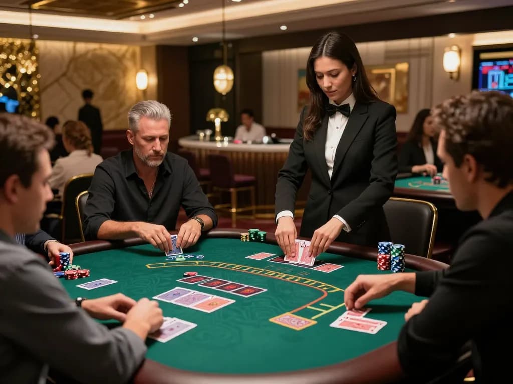 Players at an OKFUN blackjack table enjoying the thrill of high-stakes gameplay, luxurious casino ambiance