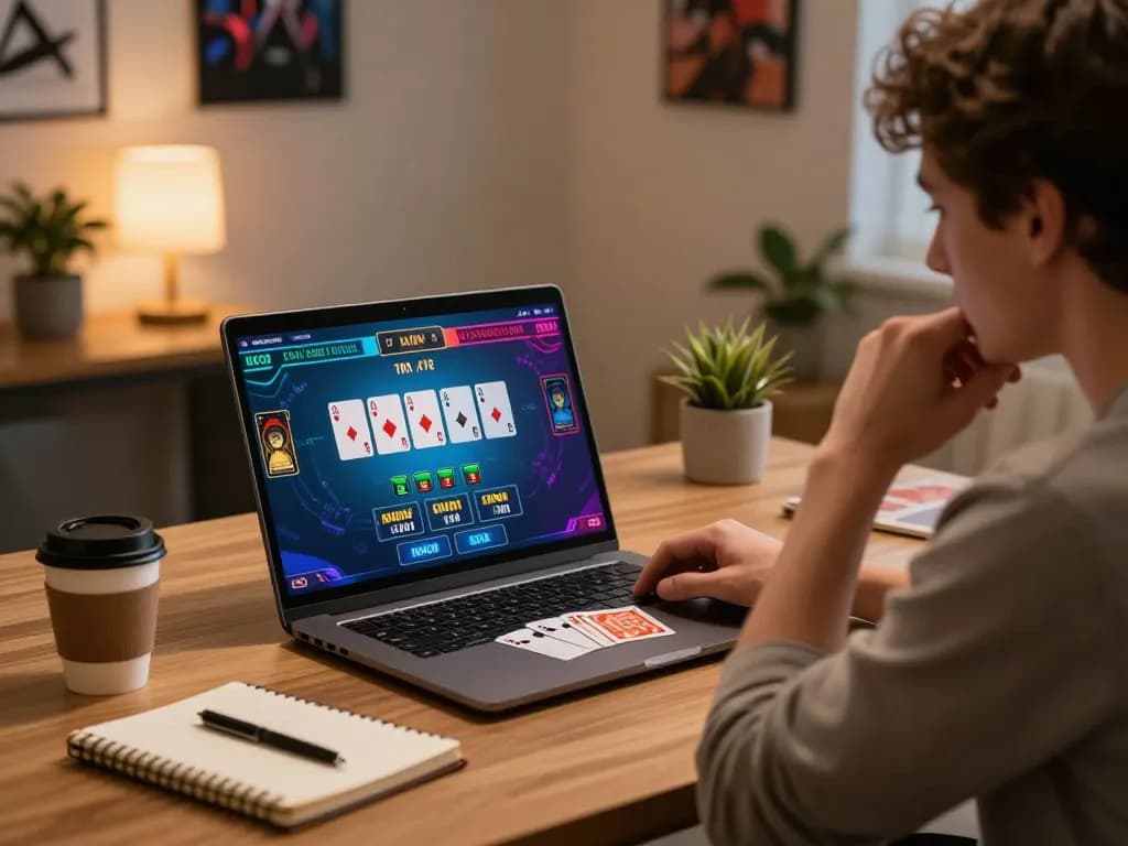 EE88 player engaging in live dealer blackjack on laptop in cozy home office.