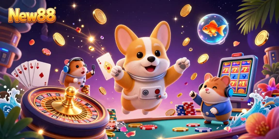 Experience New88's exhilarating casino adventure with dynamic 3D characters and vibrant gaming elements.