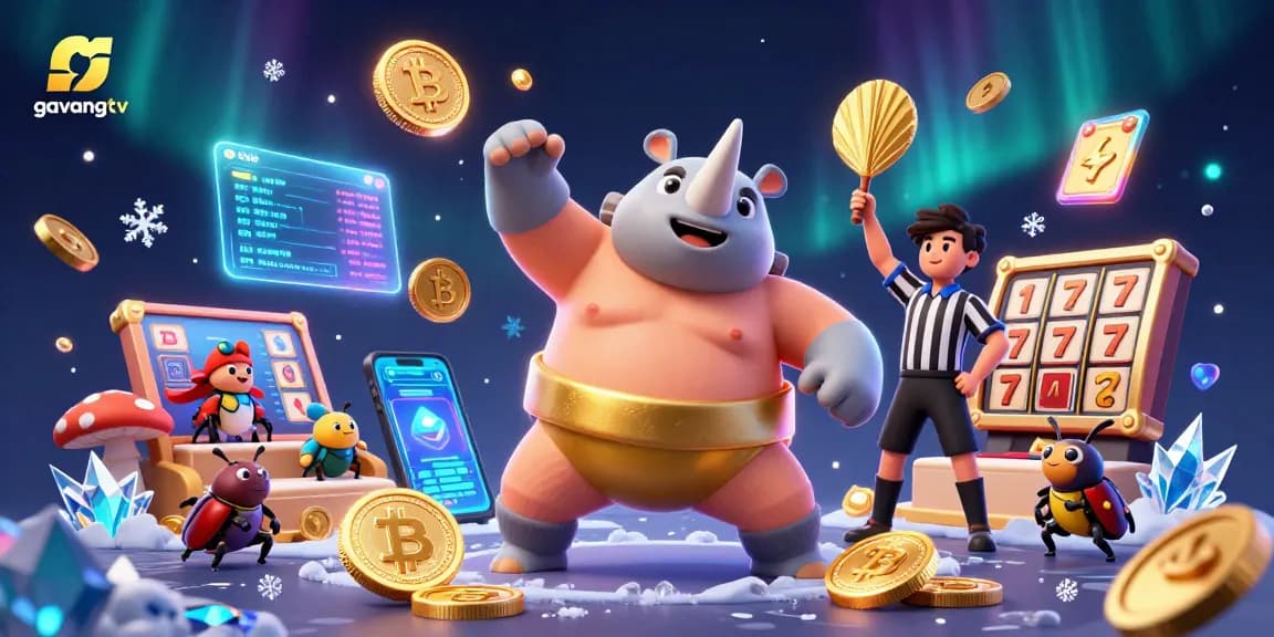 Engage in thrilling gameplay with gavangtv featuring a 3D beetle sumo champion amidst sparkling casino elements.