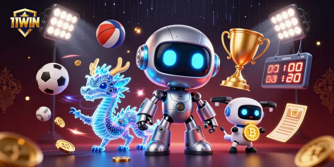 Engage with 11WIN's vibrant gaming scene featuring a 3D cyberpunk mascot and sports elements.