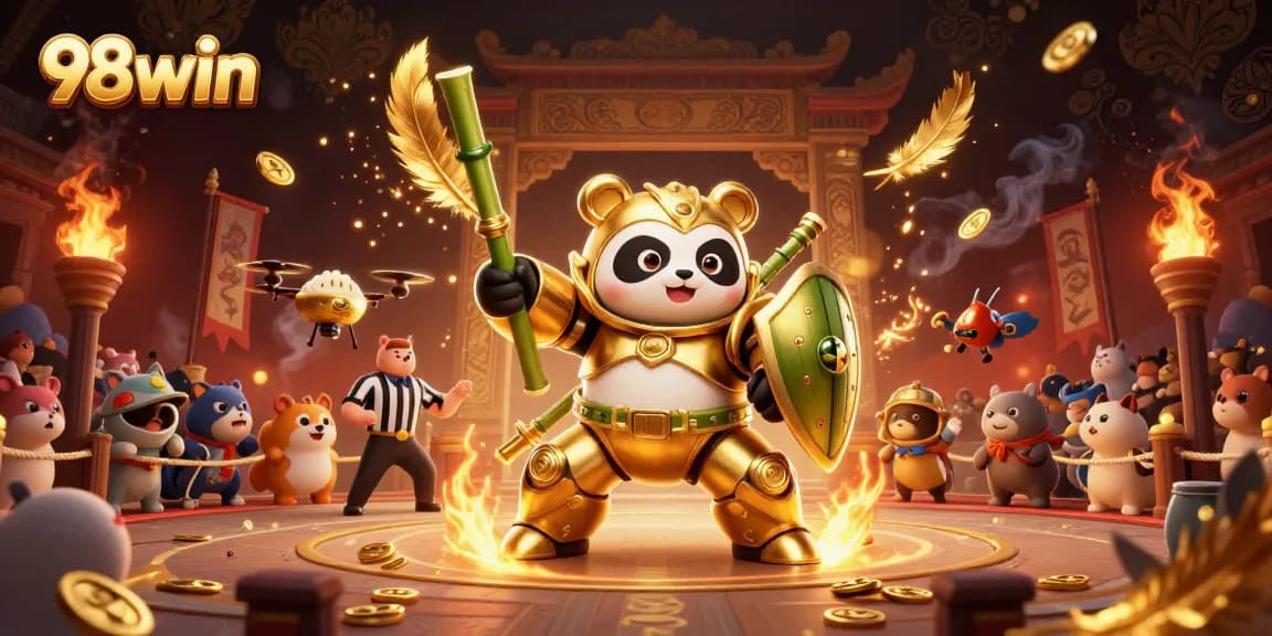Experience 98win in a dynamic online casino battle with animated characters and colorful effects