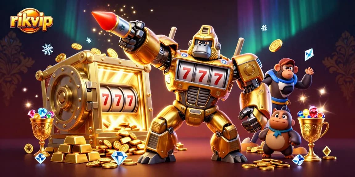 Experience thrilling gameplay at rikvip with a dynamic golden gorilla mech surrounded by riches.
