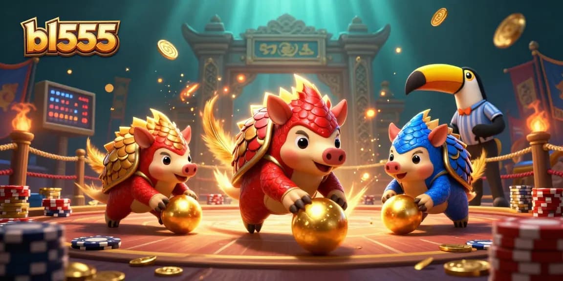 Experience the thrill of bl555 with rival pangolins in a vibrant casino showdown, rolling through poker chips.