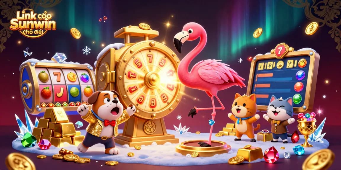 Spin the giant prize wheel with Link vào Sunwin chính thức in this vibrant casino illustration featuring lively characters and gold elements.