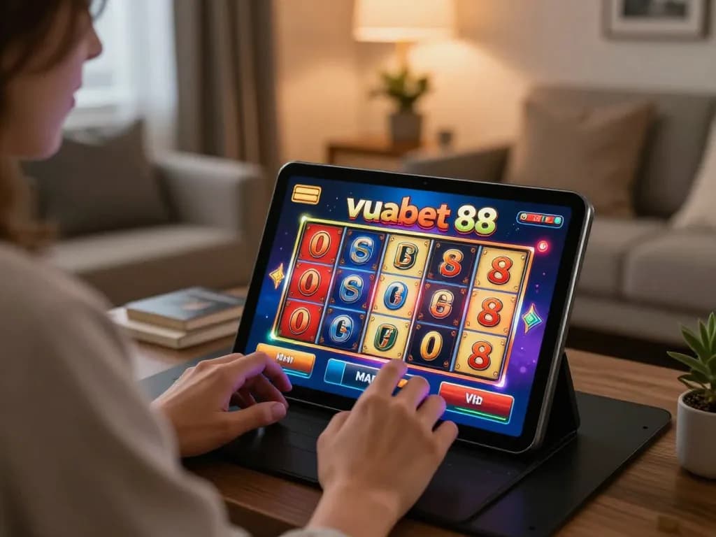 Player enjoying engaging slots experience on vuabet 88 tablet in cozy home environment