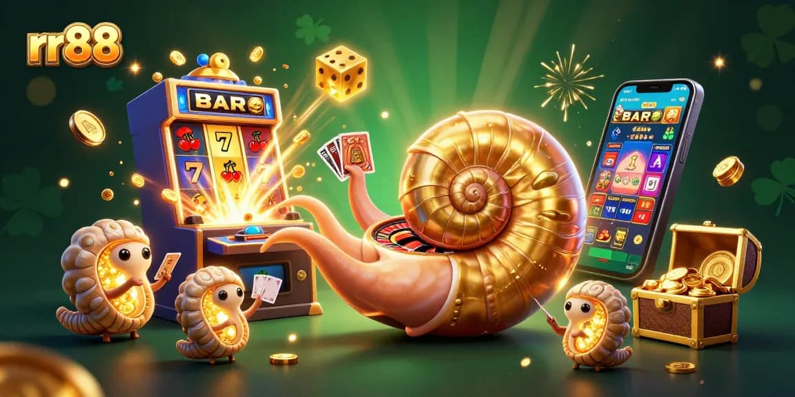 Celebrate with rr88's exciting casino games featuring a vibrant 3D illustration of jackpots and thrilling action.
