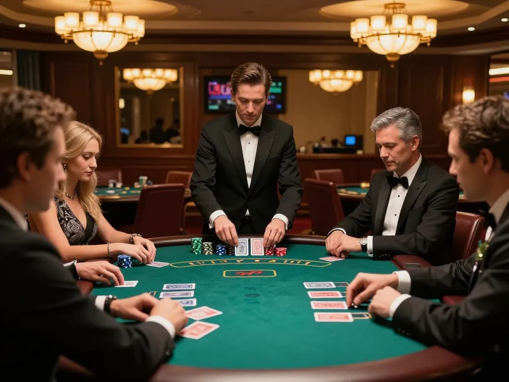 Players engaging in an intense blackjack game at a luxury casino with strategic betting and cards visible, hm88.