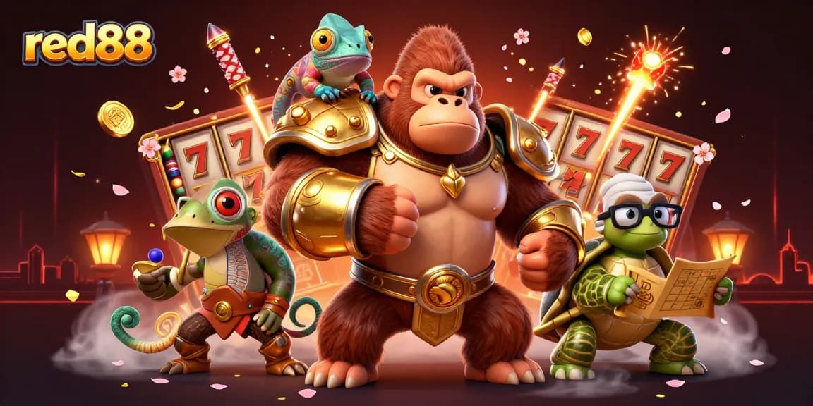 red88 showcases a powerful gorilla king and his companions amidst an exciting casino scene, promoting thrilling gameplay.