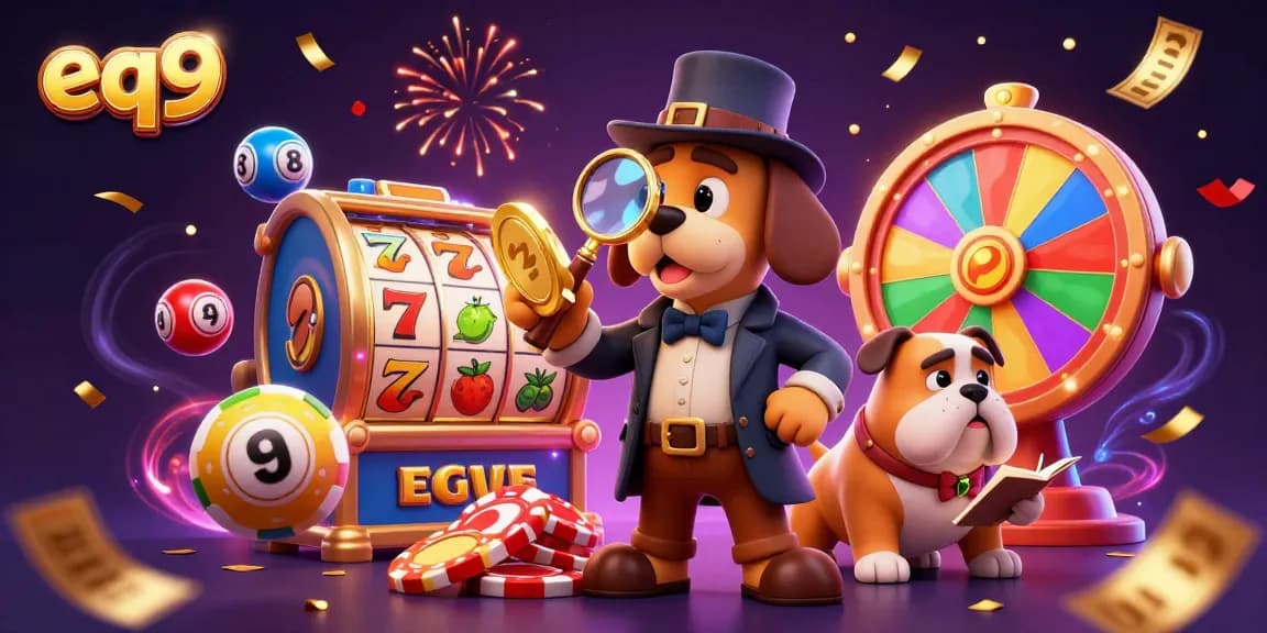 Win big at eq9 with a detective and bulldog in a vibrant casino scene surrounded by jackpots.
