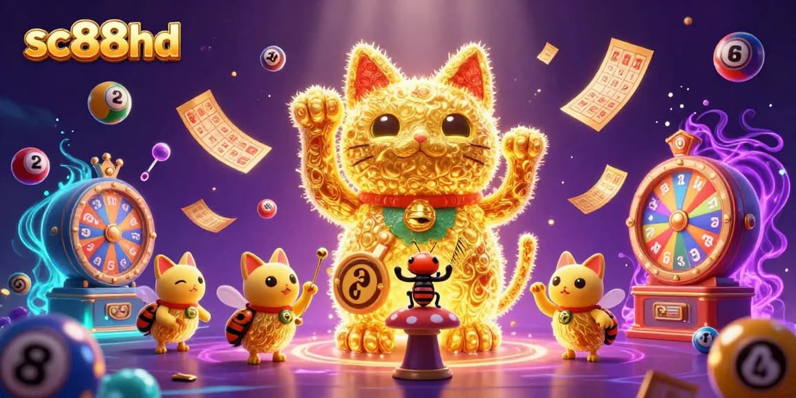 Engage with sc88hd's vibrant casino scene showcasing a lucky cat amidst lively lottery elements.