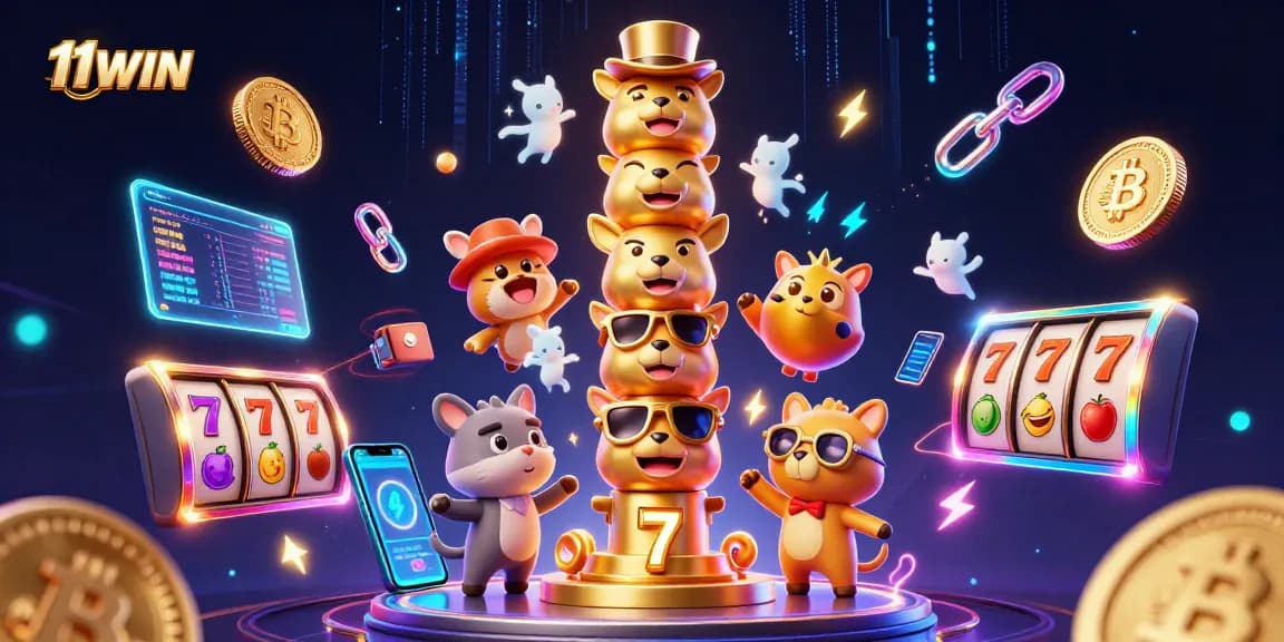 Engage with 11WIN's exciting atmosphere featuring a golden totem pole and vibrant slot game elements.