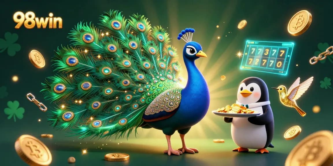 Experience thrilling gaming at 98win with an ultra-detailed illustration of a peacock, penguin, and hummingbird in a vibrant casino.
