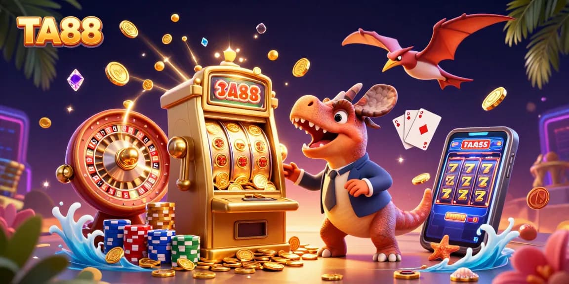 TA88 represents dynamic casino excitement with a dinosaur winning huge coins at a slot machine.
