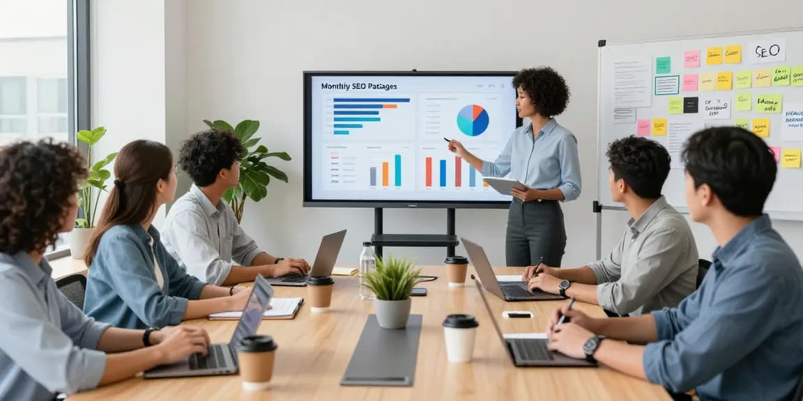 Monthly SEO packages team collaboration in a bright digital marketing office, showcasing strategy presentations and analytics.
