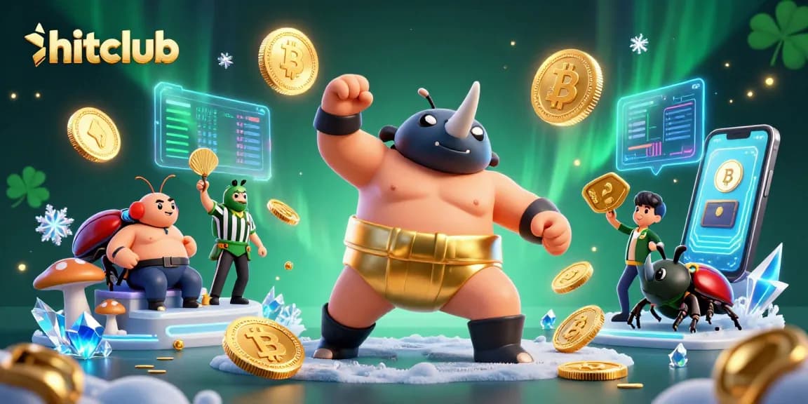 Experience hitclub's exciting gameplay with a vibrant scene of a sumo beetle champion amidst flying coins.