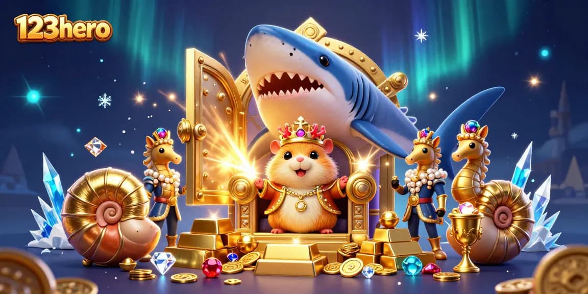 Engage with 123hero's vibrant 3D casino scene featuring a golden hamster king surrounded by treasure and gambling elements.