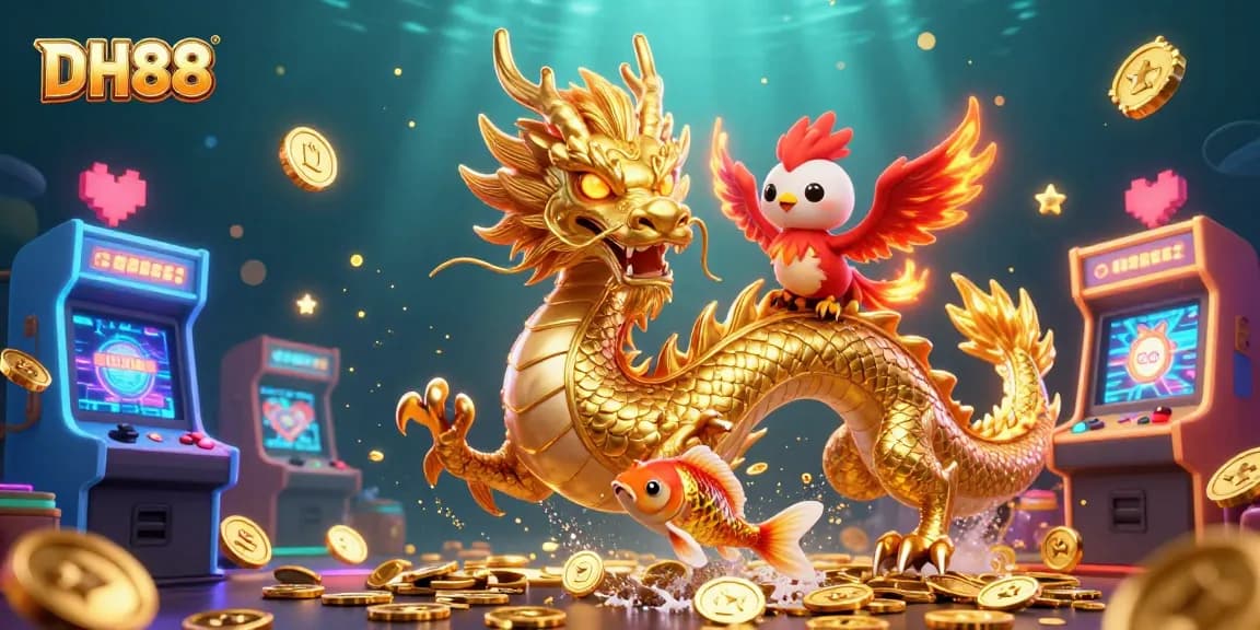 Experience thrilling gaming at DH88 with a golden dragon, phoenix, and koi fish amidst vibrant casino visuals.