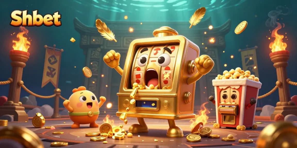 Experience Shbet's vibrant casino world with animated slot machines celebrating a jackpot.