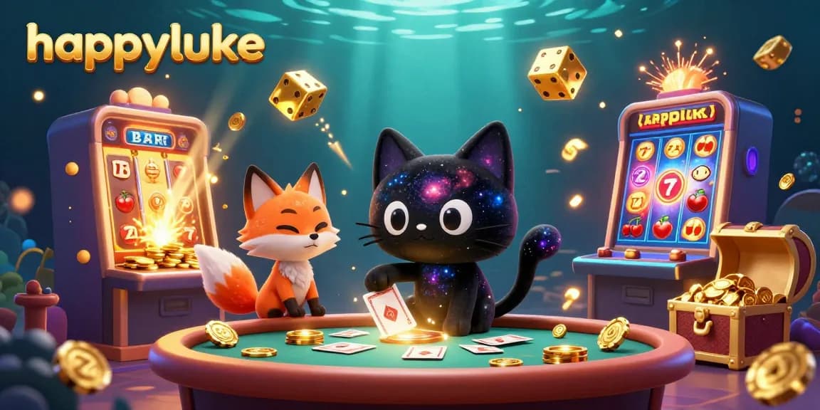 Experience the excitement of happyluke with a cosmic casino scene featuring a black hole cat and vibrant game elements.