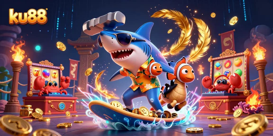 Experience winning moments with ku88 in this vibrant 3D casino illustration featuring lively characters.