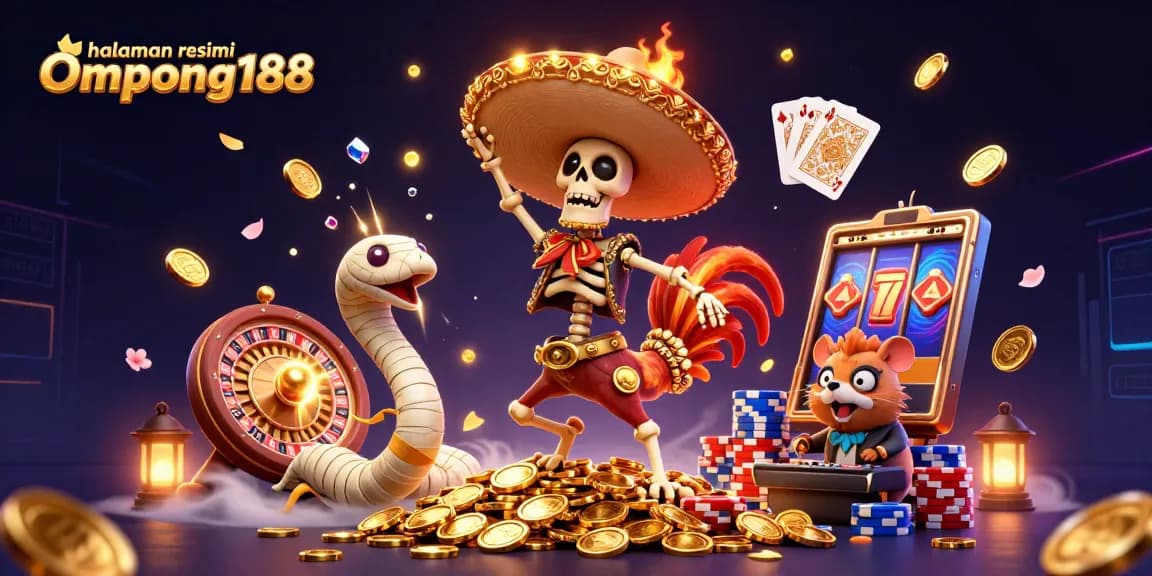 Halaman resmi Ompong188 menampilkan skeleton mariachi dalam suasana kasino ceria dengan banyak elemen permainan.
