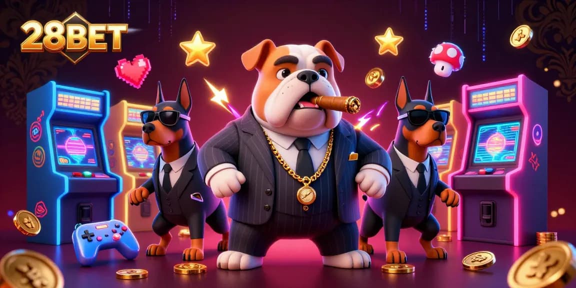 Experience thrilling gaming action at 28BET with vibrant characters and casino elements.
